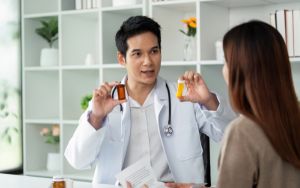 Bác sĩ tư vấn phương pháp lựa chọn gải pháp cận thị  cho bệnh nhân, cầm hai lọ thuốc kê đơn trên tay làm ví dụ cho bệnh nhân dễ hiểu